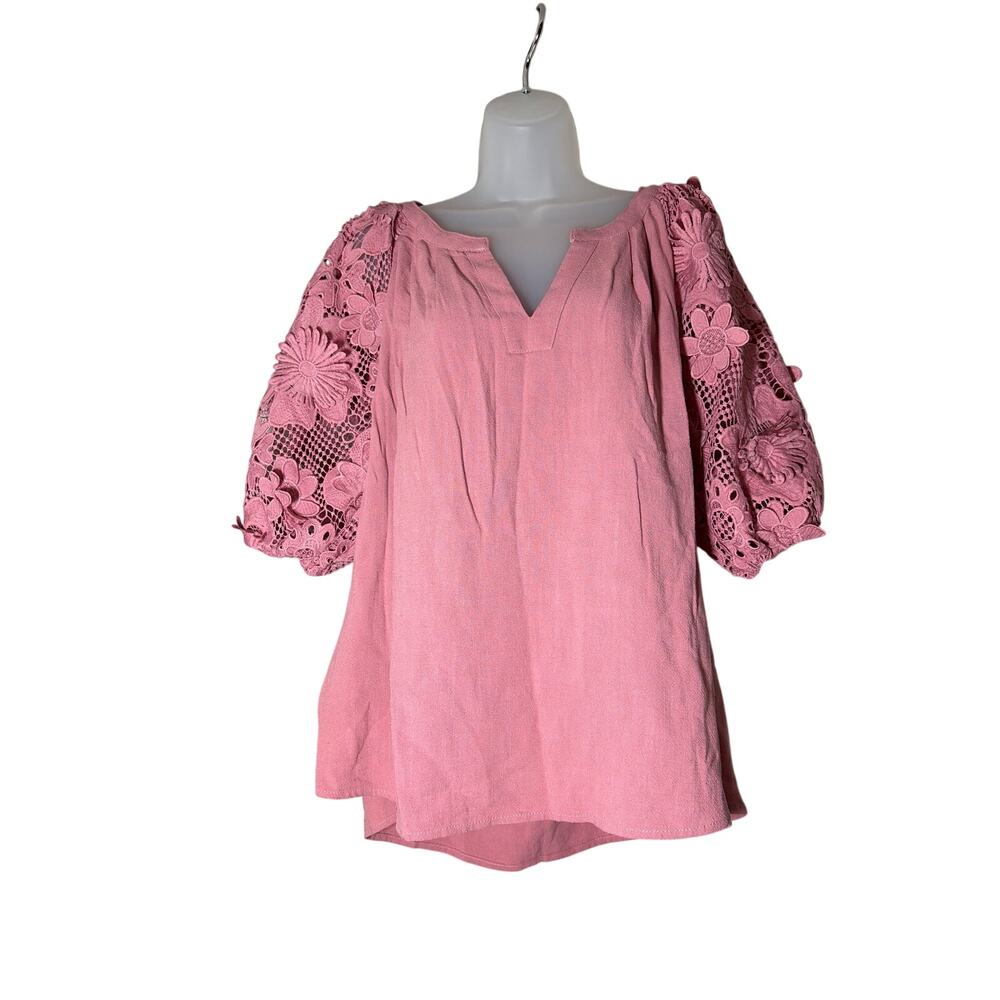 UMGEE COTTON LINEN BOXY CUT TOP WITH 3D FLORAL SLEEVES SZ L PINK NEW WITH TAGS - Picture 2 of 5